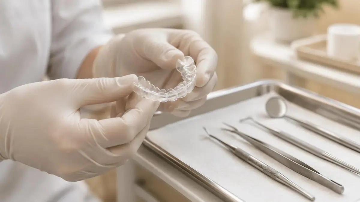 Mãos com luvas segurando um alinhador transparente ao lado de instrumentos odontológicos organizados