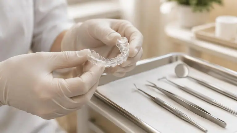 Mãos com luvas segurando um alinhador transparente ao lado de instrumentos odontológicos organizados
