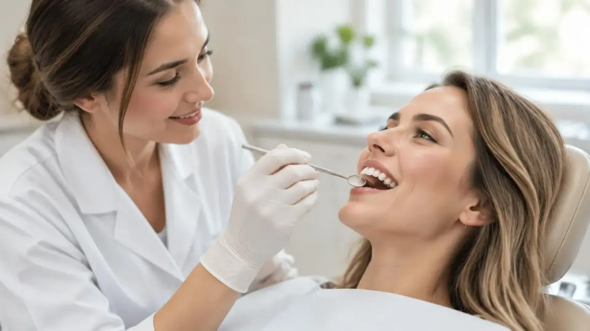 Dentista analisando o sorriso de uma paciente durante consulta de avaliação