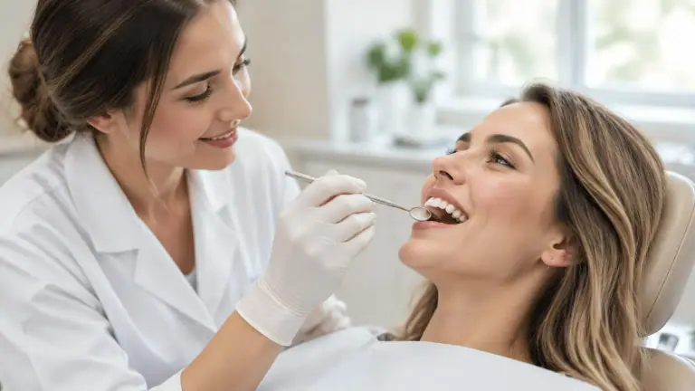 Dentista analisando o sorriso de uma paciente durante consulta de avaliação