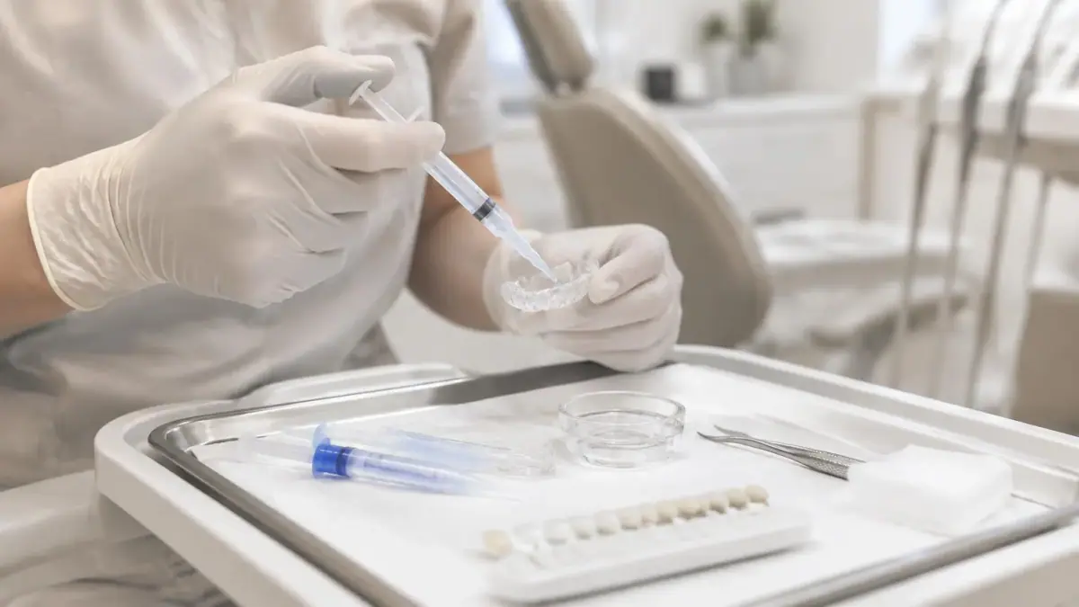 Dentista com luvas preparando material para procedimento clareador
