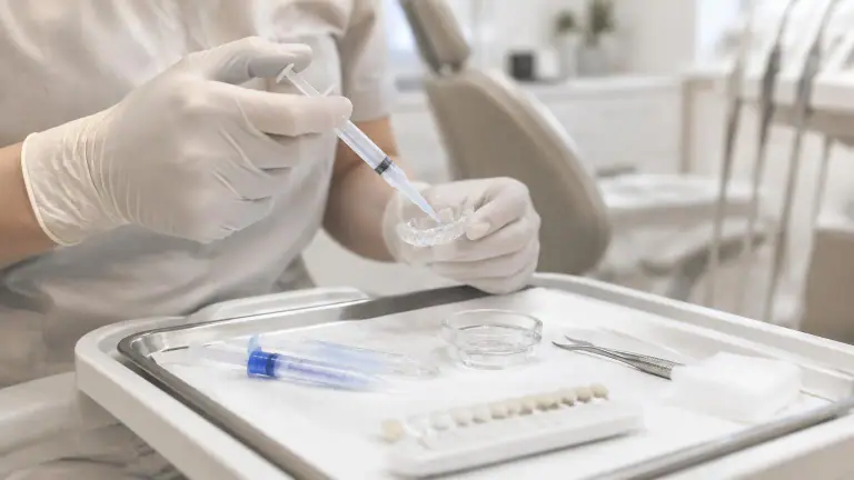 Dentista com luvas preparando material para procedimento clareador