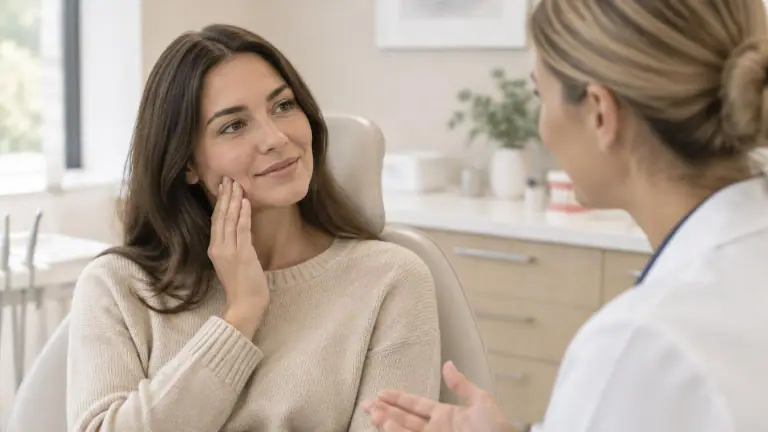 Paciente conversando com dentista sobre desconforto após tratamento