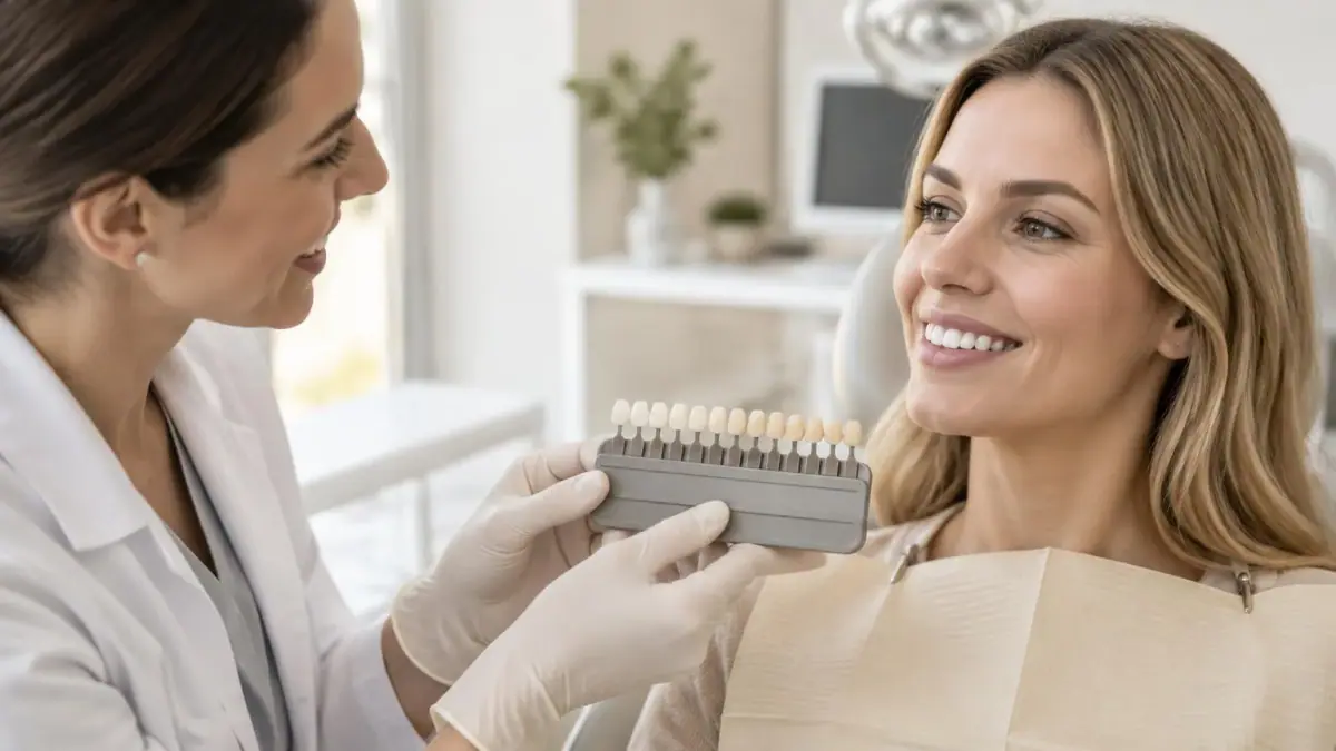 Dentista analisando a cor dos dentes de uma paciente com escala de cores
