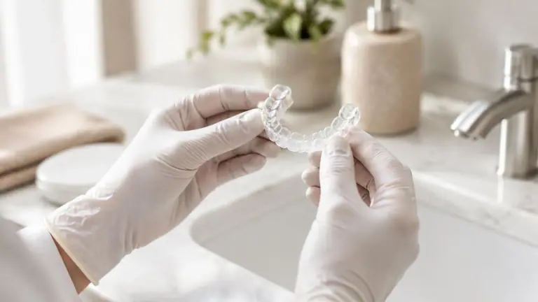 Mãos com luvas segurando um alinhador transparente próximo a uma pia clara