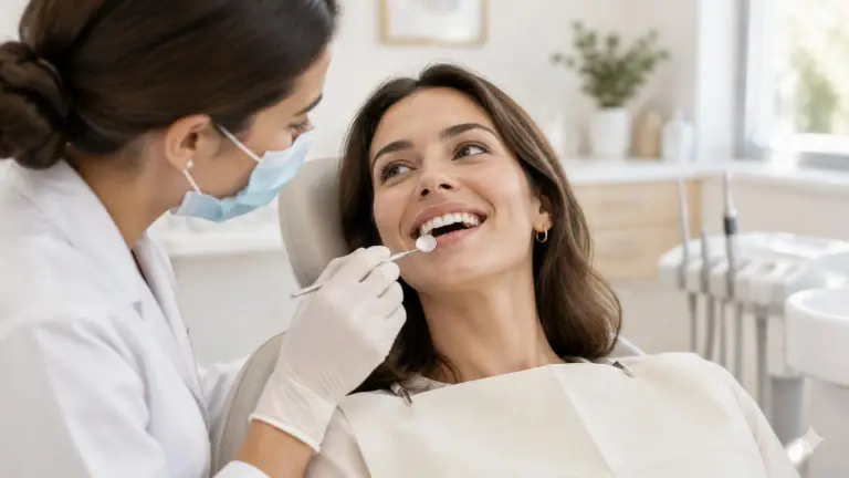 Dentista examinando o sorriso de uma paciente em consultório claro