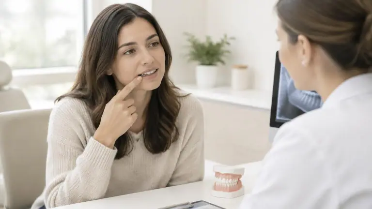 Paciente conversando com a dentista sobre um dente restaurado em consultório