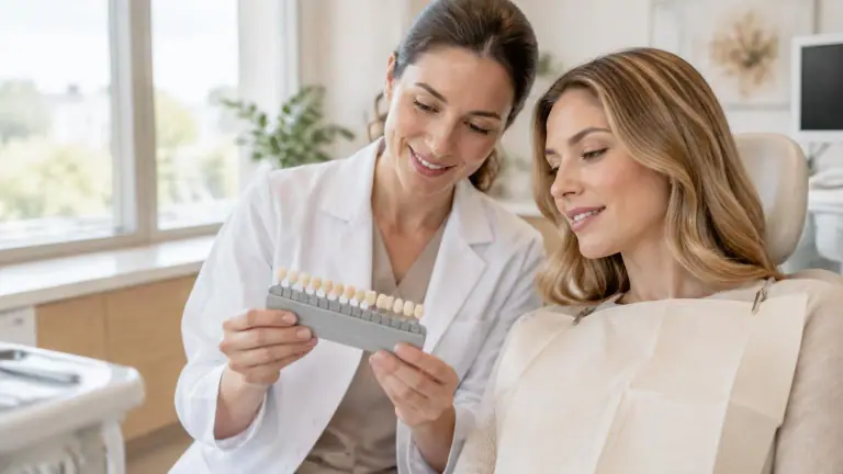 Dentista analisando modelo de arcada dentária em consultório claro