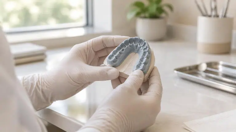 Mãos com luvas segurando um molde odontológico sobre bancada clara