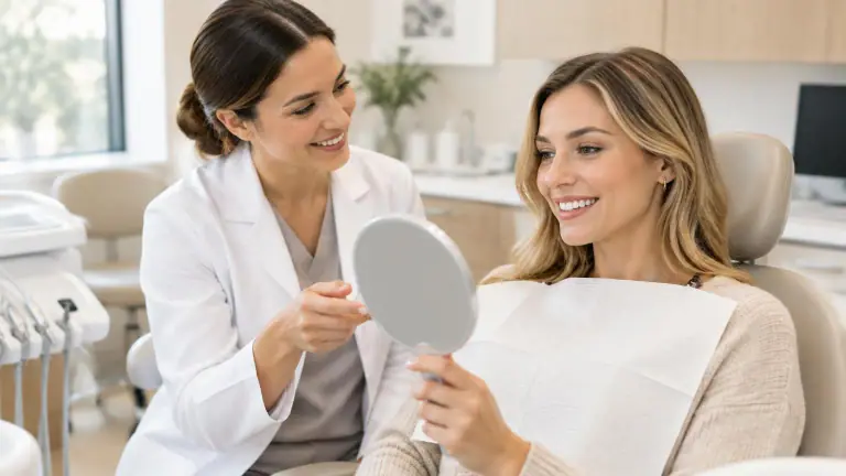 Dentista explicando o procedimento de profilaxia para uma paciente em consultório claro