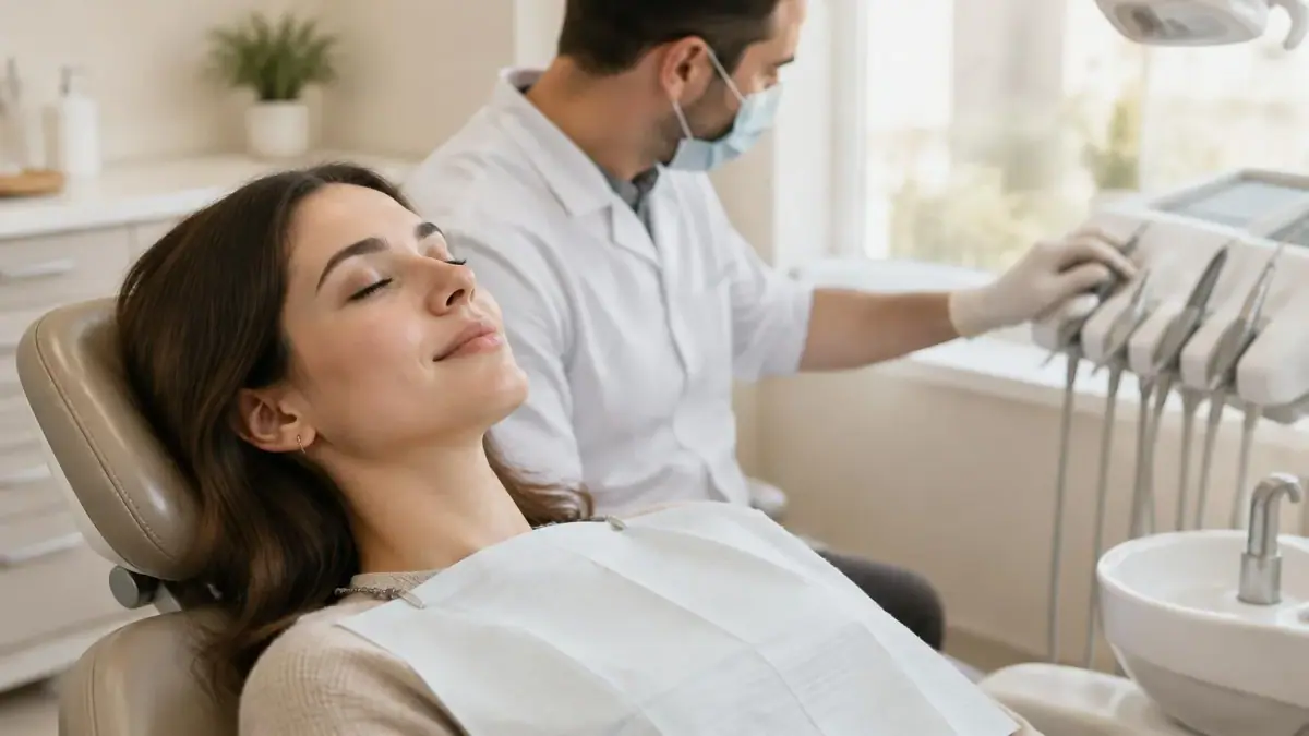 Paciente relaxado em cadeira odontológica durante consulta em ambiente claro
