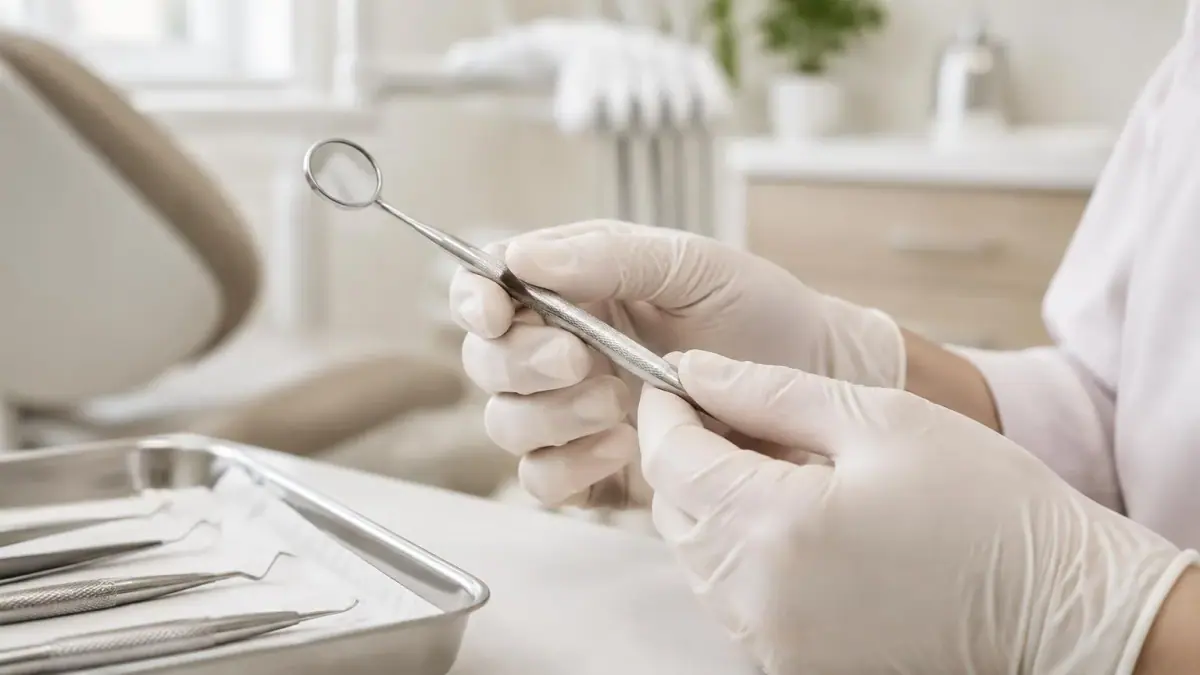 Mãos com luvas segurando instrumento odontológico sobre superfície clara de consultório