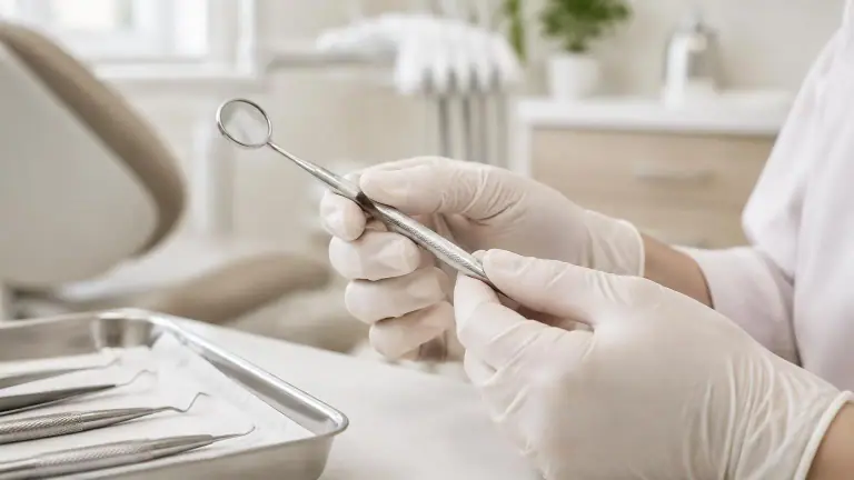 Mãos com luvas segurando instrumento odontológico sobre superfície clara de consultório