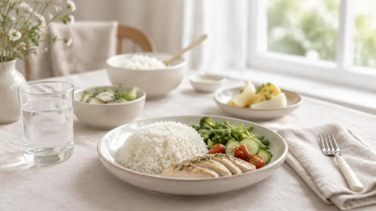 Mesa clara com alimentos leves e um copo de água ao lado de talheres
