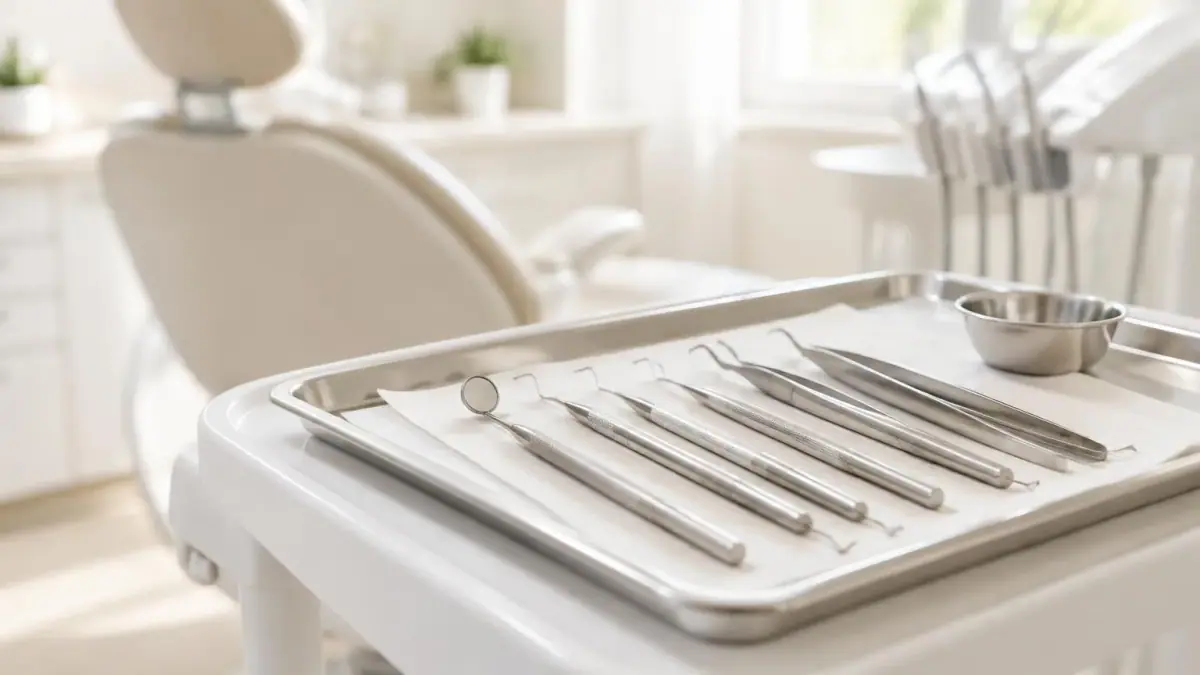 Calendário desfocado ao fundo com instrumentos odontológicos organizados em primeiro plano