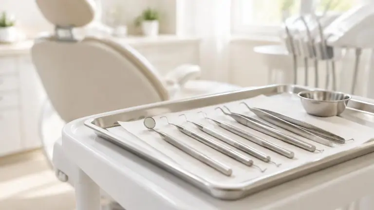 Calendário desfocado ao fundo com instrumentos odontológicos organizados em primeiro plano