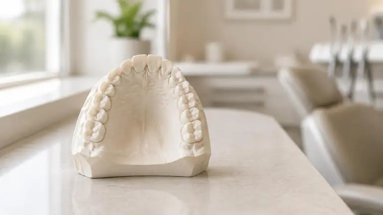 Modelo de gesso de arcada dentária sobre bancada de consultório odontológico