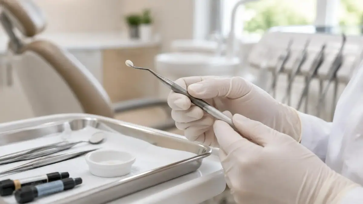 Mãos com luvas segurando espátula de resina odontológica sobre bancada clara