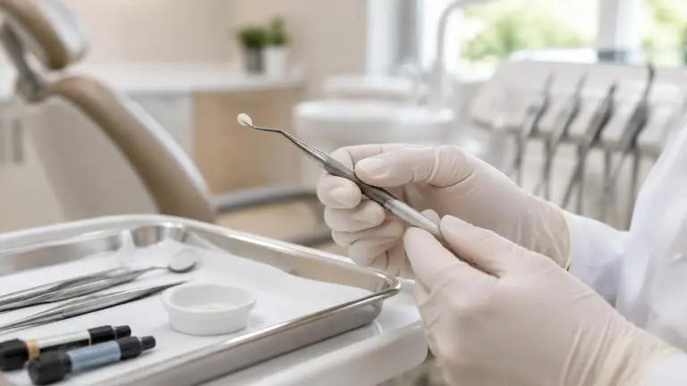 Mãos com luvas segurando espátula de resina odontológica sobre bancada clara