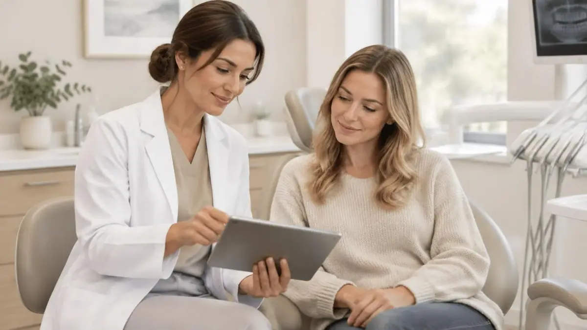 Dentista conversando com paciente sobre planejamento de tratamento em consultório claro