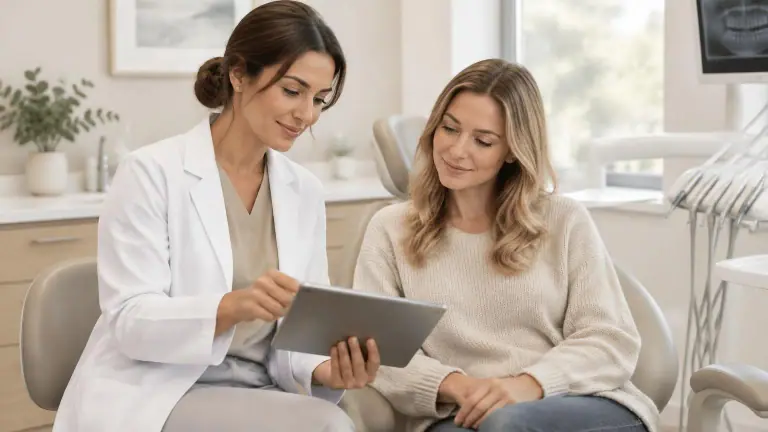 Dentista conversando com paciente sobre planejamento de tratamento em consultório claro