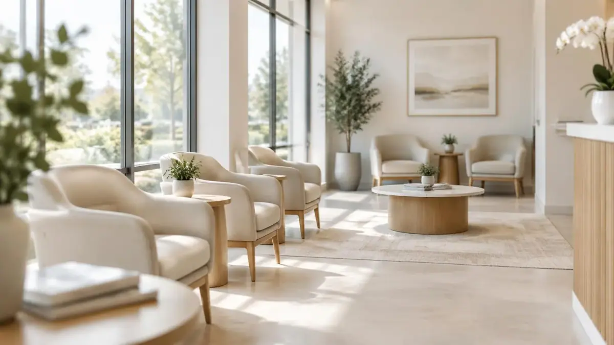 Recepção clara e acolhedora de consultório odontológico com poltronas e luz natural