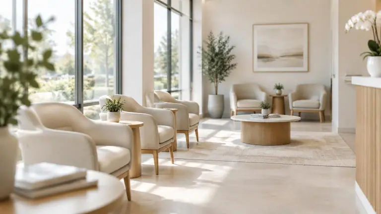Recepção clara e acolhedora de consultório odontológico com poltronas e luz natural