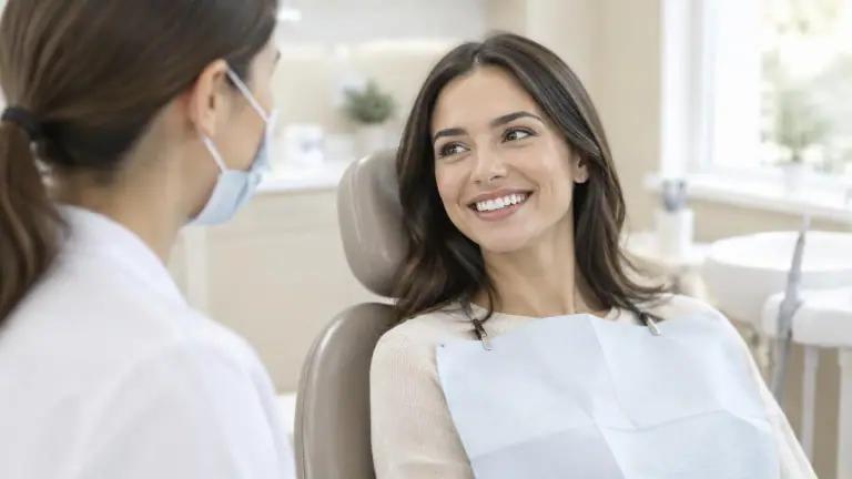 Paciente sorrindo naturalmente durante consulta de retorno odontológico