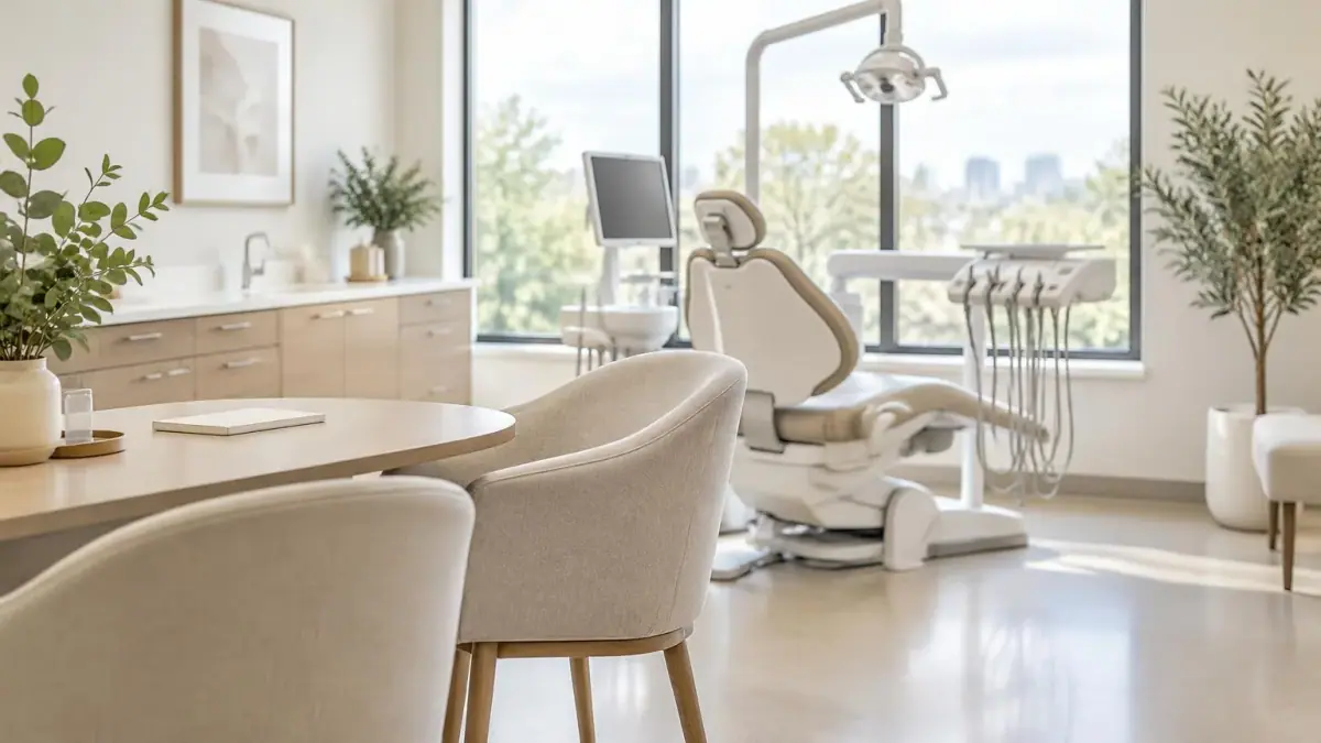 Recepção clara e acolhedora de consultório odontológico com luz natural