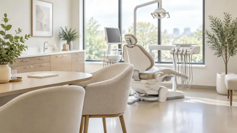 Recepção clara e acolhedora de consultório odontológico com luz natural