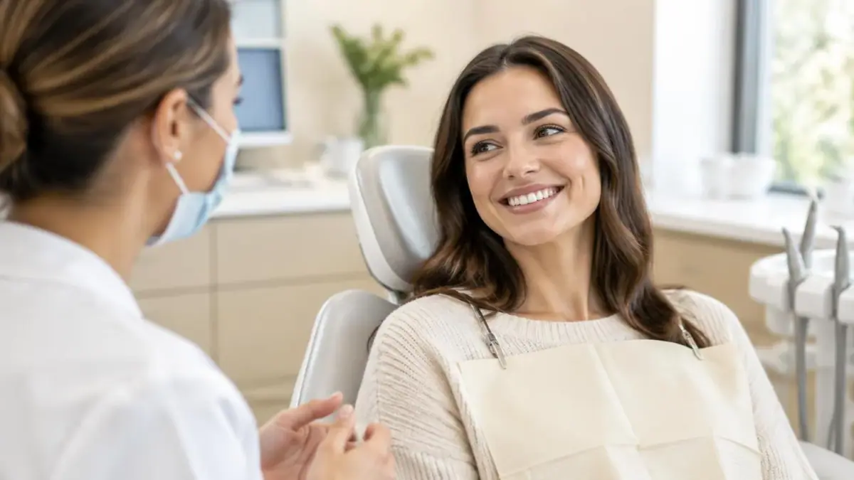 Paciente sorrindo de forma natural durante consulta de acompanhamento odontológico