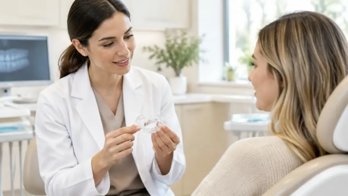 Dentista mostrando um alinhador transparente para a paciente durante consulta