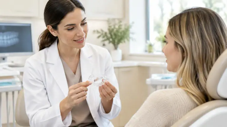 Dentista mostrando um alinhador transparente para a paciente durante consulta